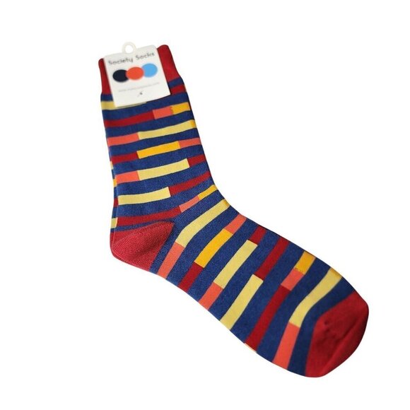 Men's Trouser Socks Red Blue Yellow Stripe Pattern 80% Cotton Size 7-13 - Picture 1 of 4